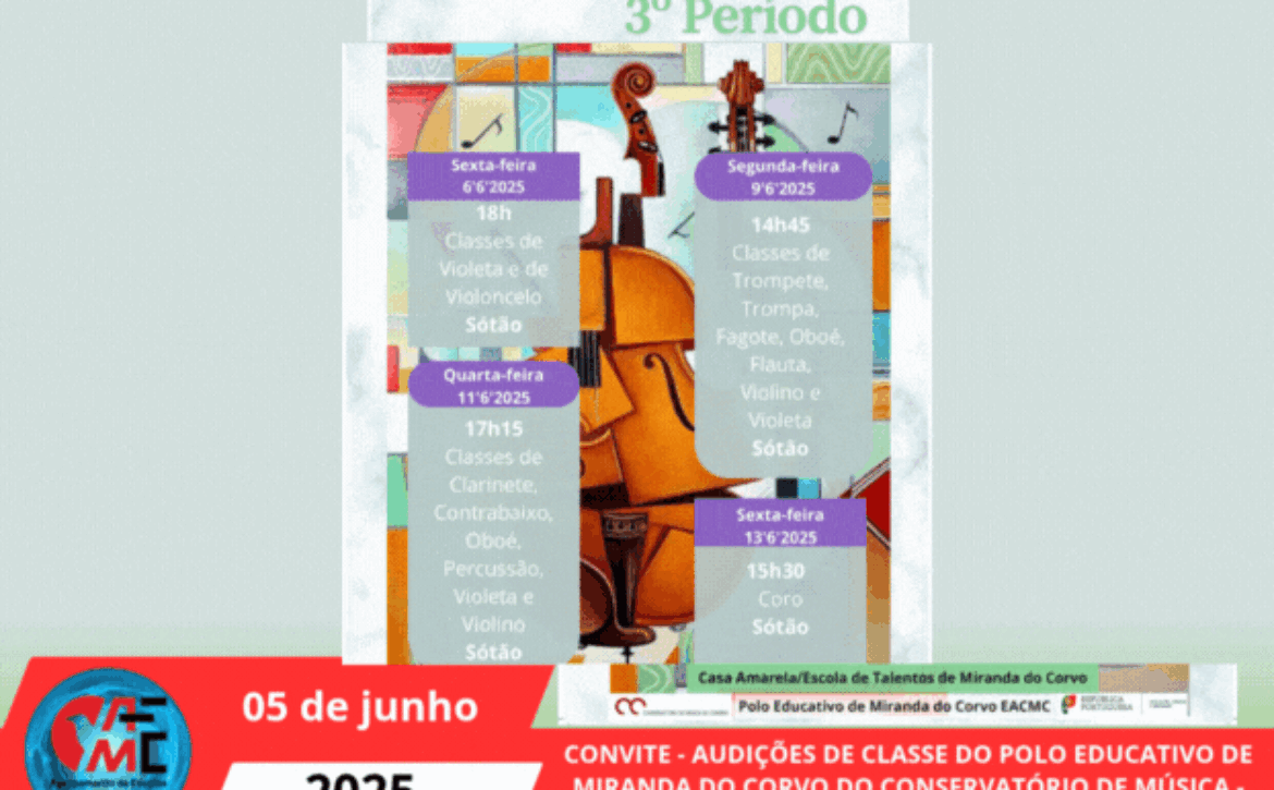 CONVITE – AUDIÇÕES DE CLASSE DO POLO EDUCATIVO DE MIRANDA DO CORVO DO CONSERVATÓRIO DE MÚSICA – CASA AMARELA