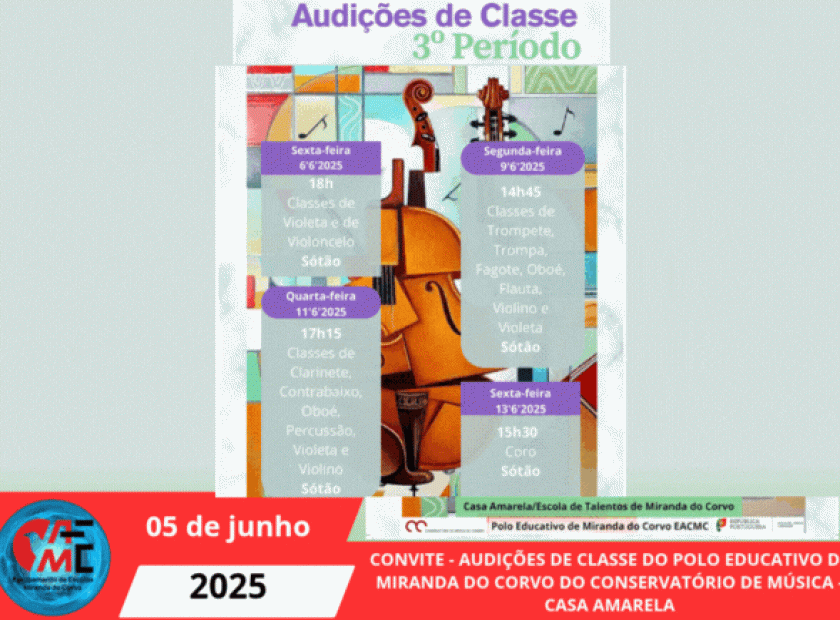 CONVITE – AUDIÇÕES DE CLASSE DO POLO EDUCATIVO DE MIRANDA DO CORVO DO CONSERVATÓRIO DE MÚSICA – CASA AMARELA